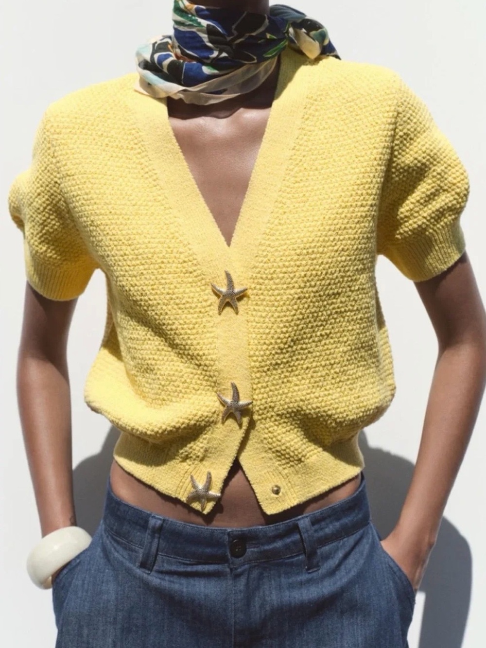 Zara Yellow Cropped V-Neck Short-Sleeve Knit Cardigan